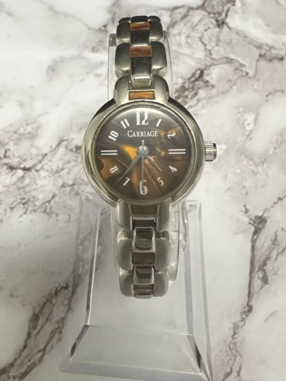 Carriage Watch Women Silver Tone Brown Dial Round 21MM New Battery 7 Inch